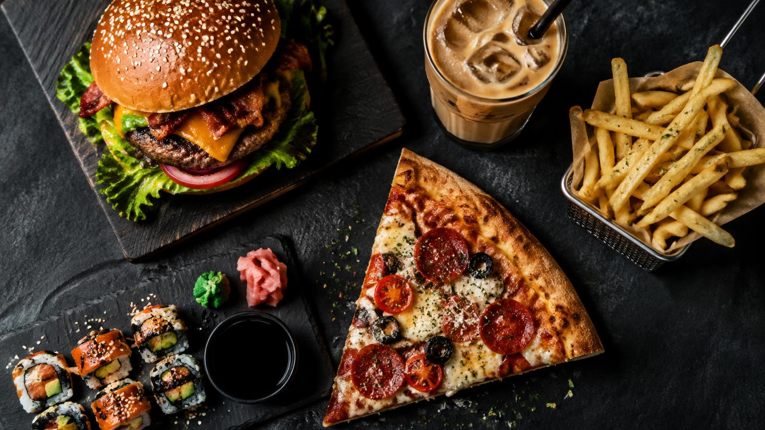 Hambúrguer, pizza, sushi, batata e café gelado